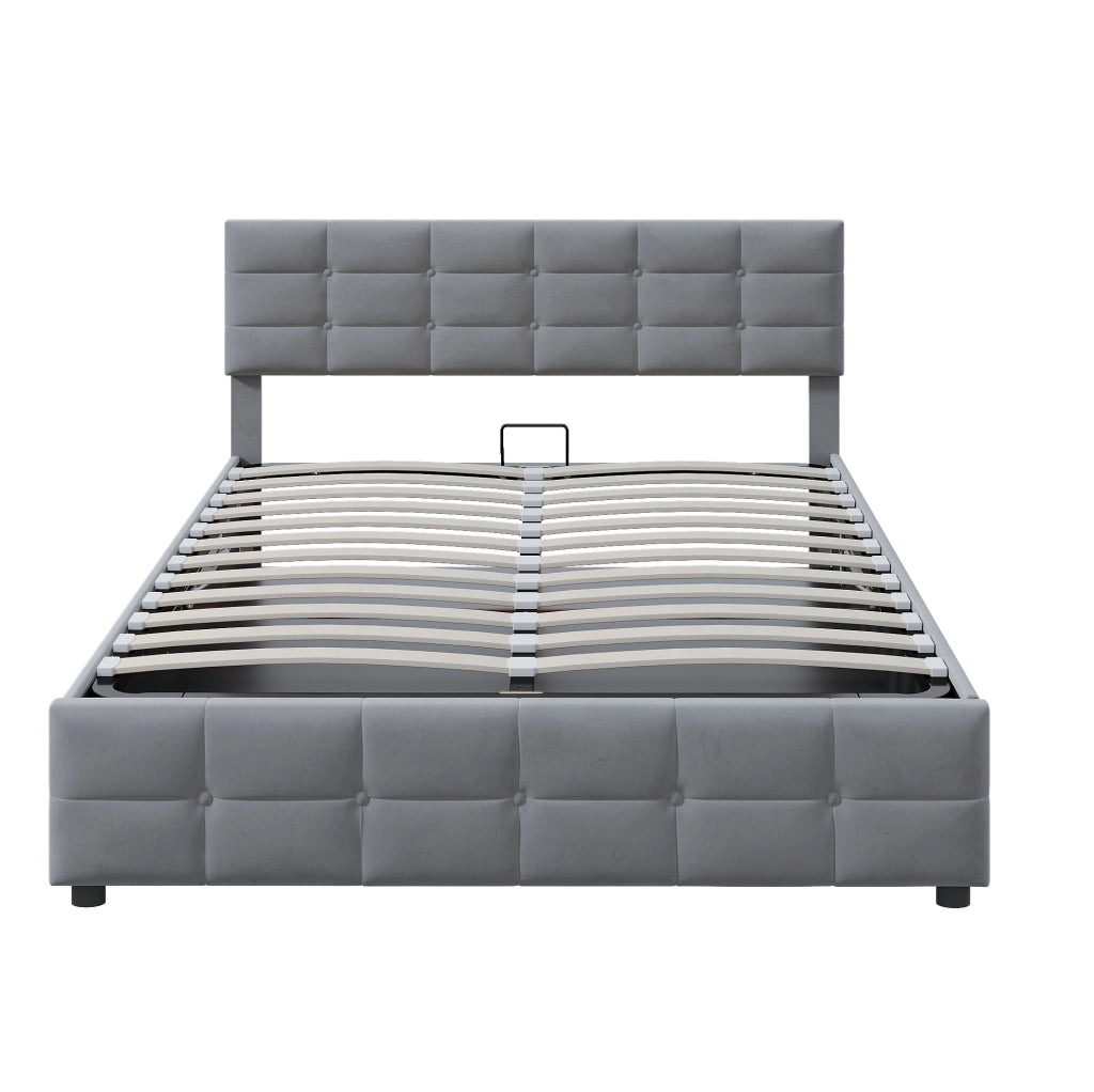 Letto imbottito 180x200 cm con rete a doghe e sollevamento idraulico, rivestimento in velluto olandese grigio