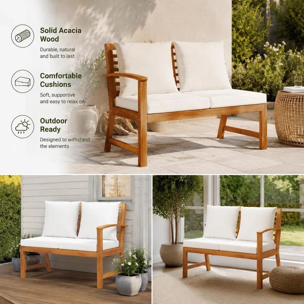 Garden Bench 114.5 Cm With Cream-white Cushions, Solid Acacia Wood