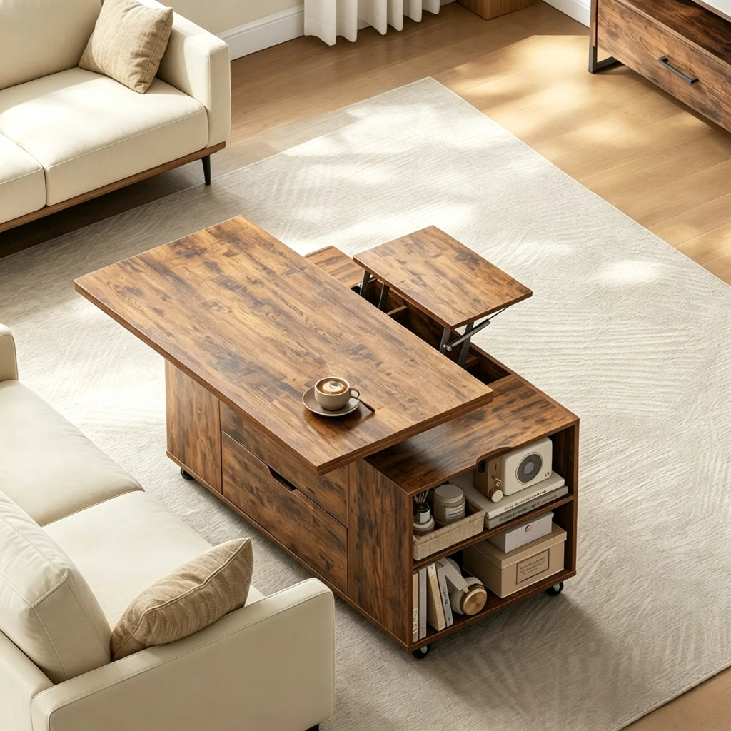 Tavolino basso sollevabile con ruote, cassetto e vani aperti, legno e metallo, marrone rustico, 50,5 × 100 × 53 cm