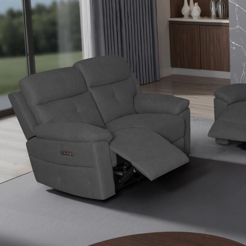 Divano Kayde 2 posti recliner elettrico in tessuto grigio scuro – Comfort e relax totale