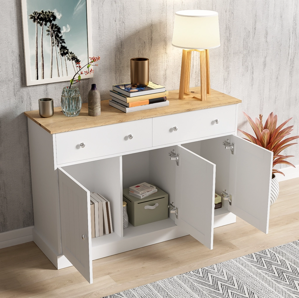 Credenza bianca e finitura legno con 3 ante e 2 cassetti