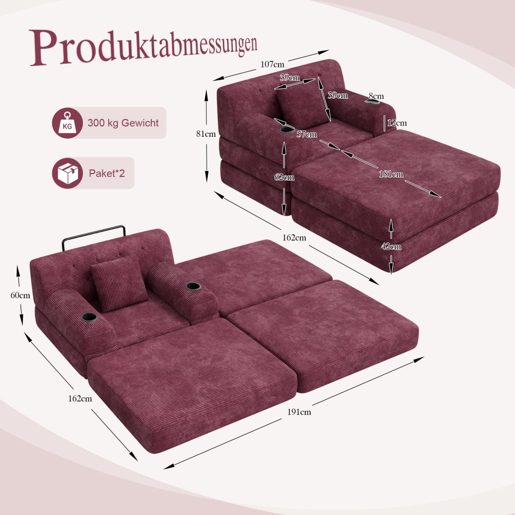 Poltrona da letto convertibile 1 con pouf; schienale alto; portabicchieri 2 e tasche laterali 4; velluto a coste; rosso vino