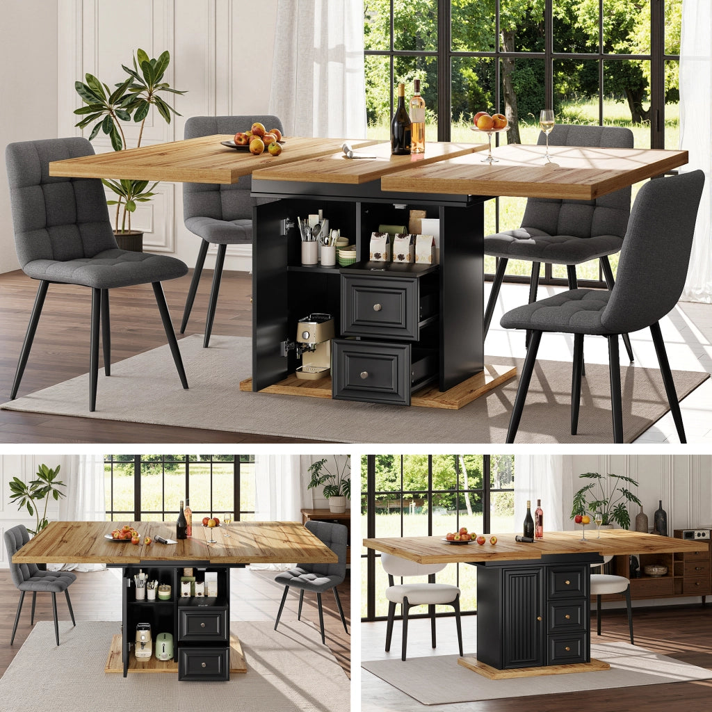 Tavolo da pranzo 6 posti con 1 porta; 2 cassetti e vano; piano allungabile per cucina e soggiorno in MDF e metallo naturale
