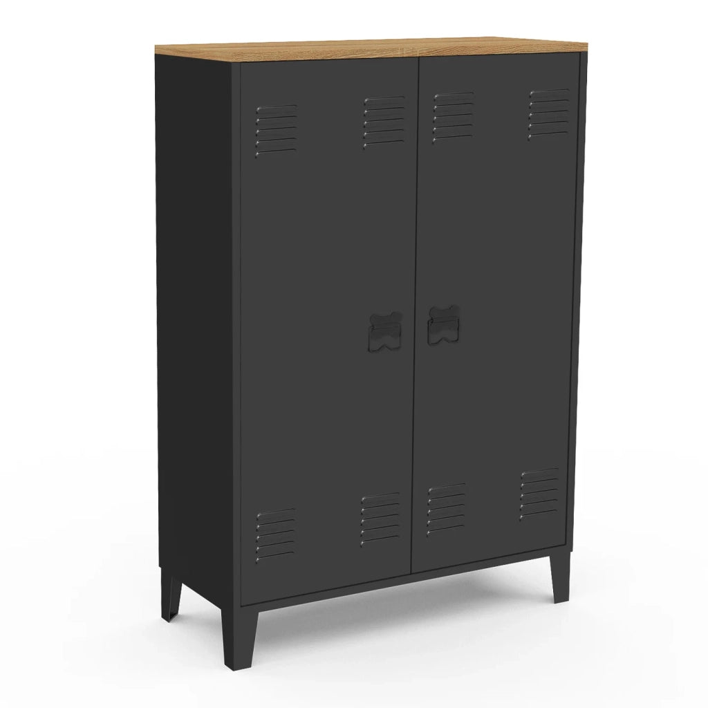 IDMarket - ESTER Armario de 2 puertas de metal negro con tapa de madera de diseño industrial