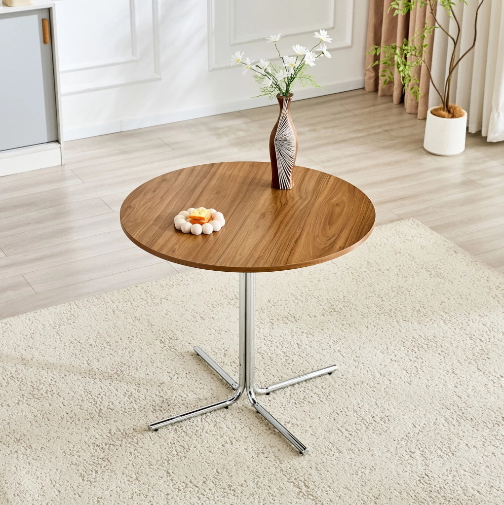 Tavolino basso rotondo 85 cm in MDF noce e metallo cromato, per piccoli spazi