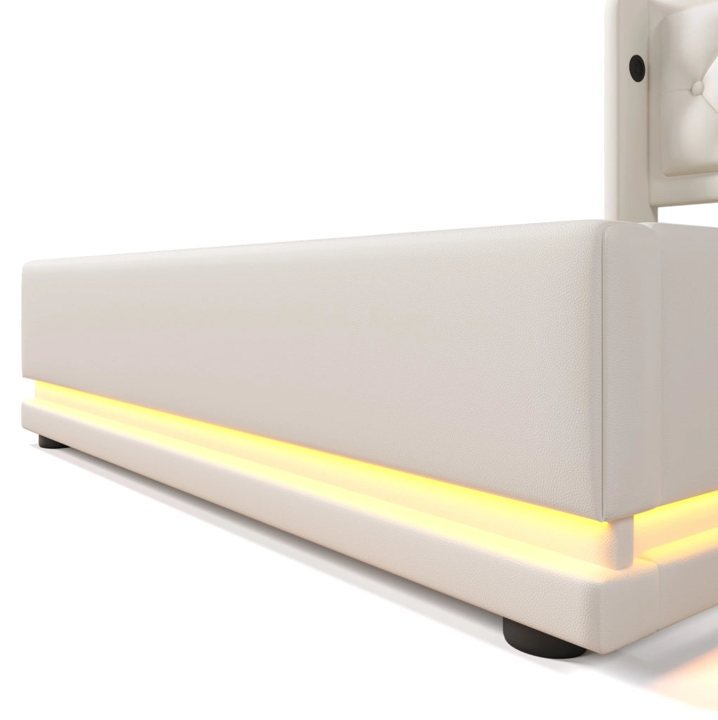 Letto singolo imbottito 90x200 cm con contenitore, LED a 3 lati e porte USB Type-C