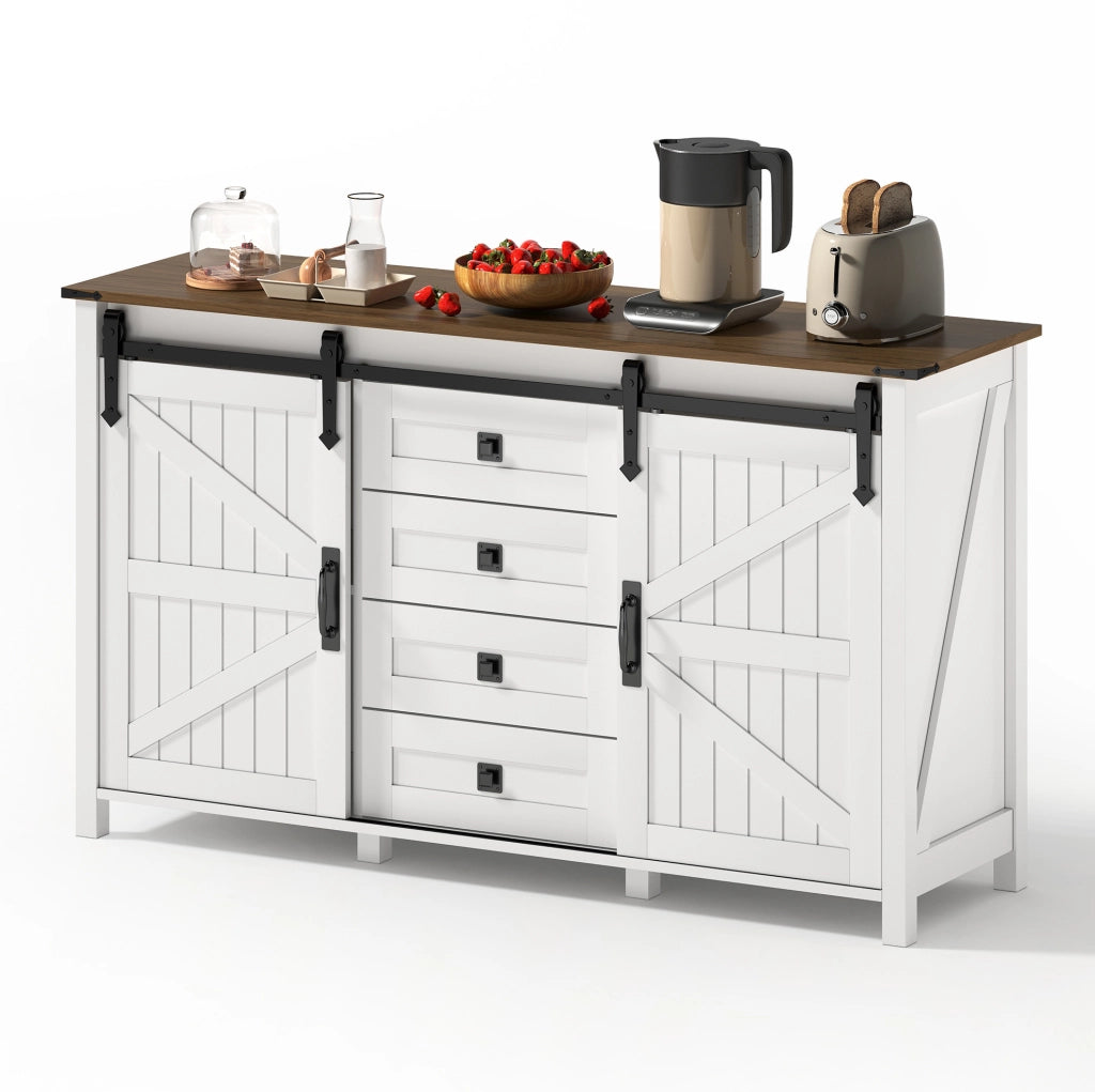 Credenza bianca 137 cm con ante scorrevoli e 4 cassetti