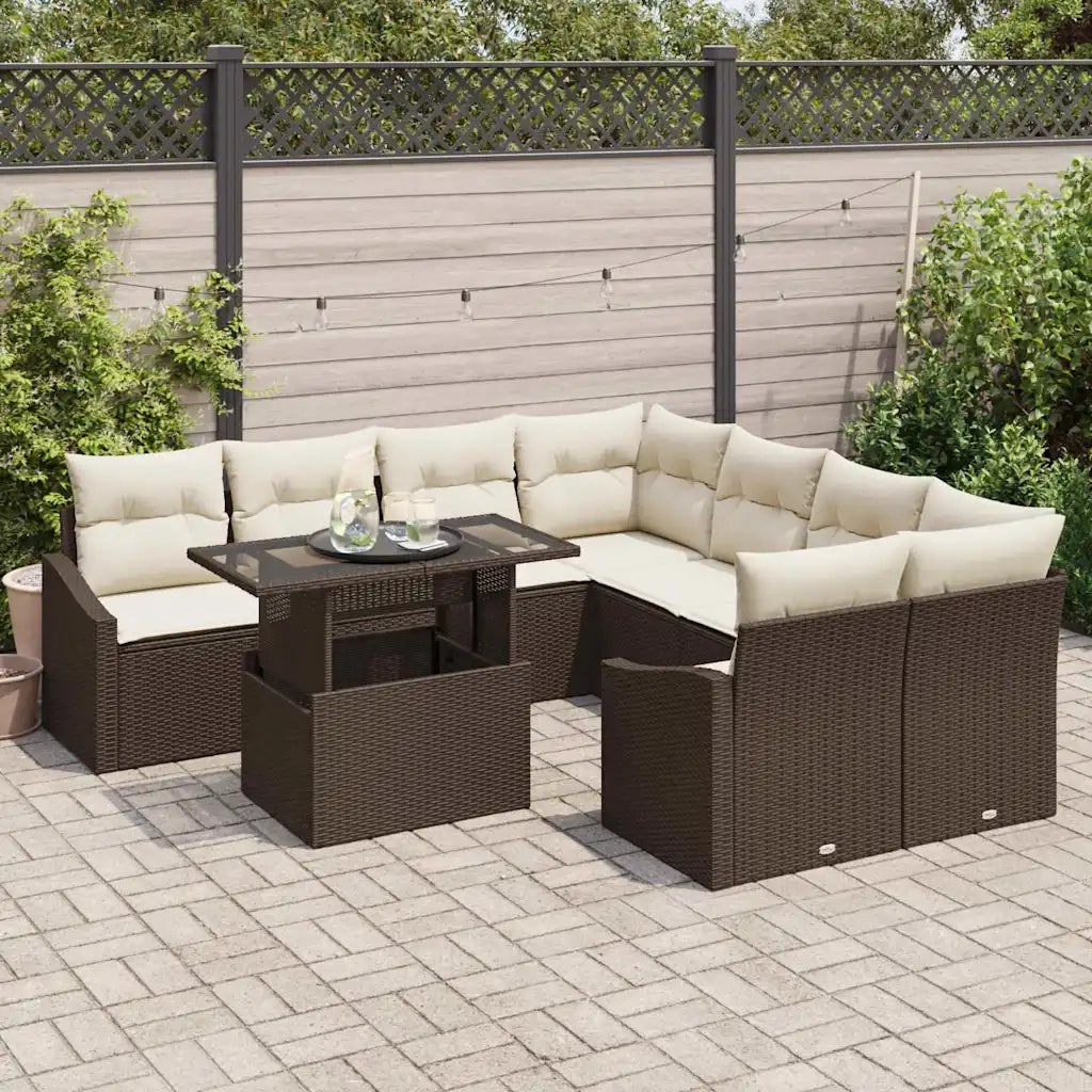Set Divano da Giardino 9 pcs Marrone e Crema polyrattan