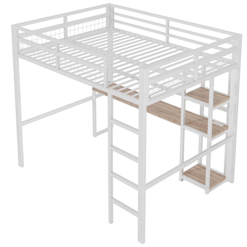Letto a soppalco 140x200 cm con scrivania, ripiani e prese USB-C bianco