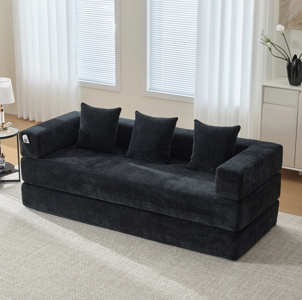 Divano modulare componibile in chenille nero 198x79x60 cm