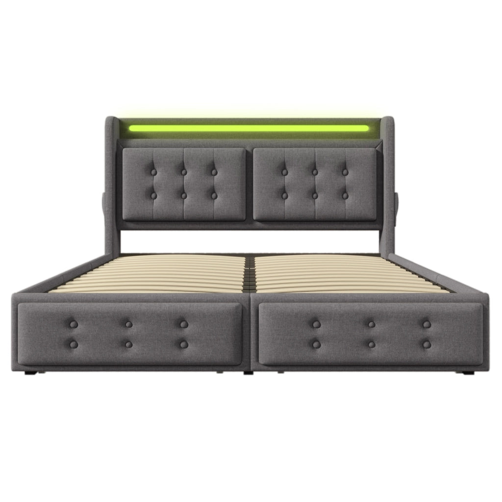 Letto con Cassetti 180 x 200 cm; Letto Matrimoniale - LED; USB e Type-C - Grigio