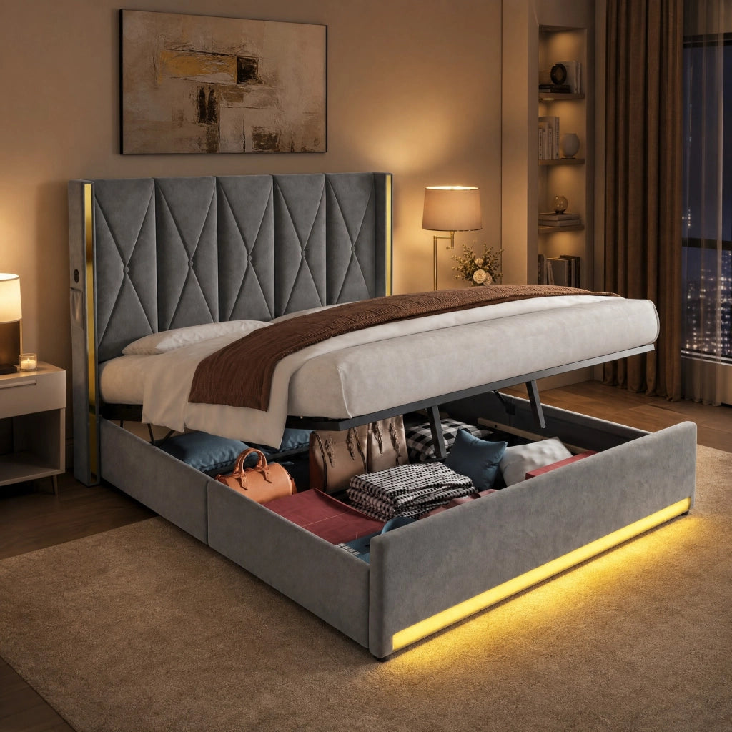 Letto matrimoniale contenitore 180x200 cm in velluto grigio scuro con testiera alta, USB, Type-C e LED