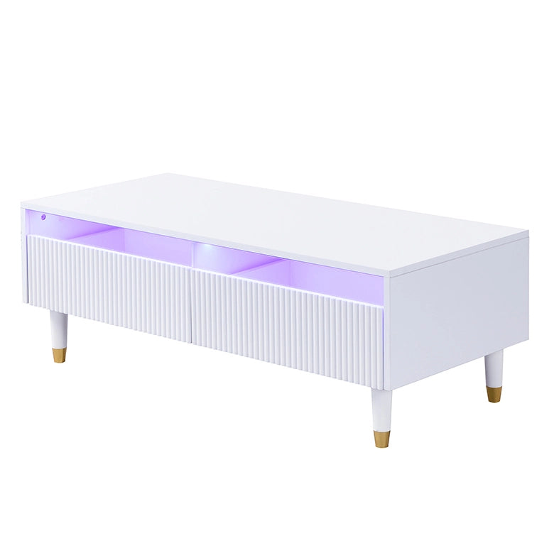 Tavolino da caff¨¨ 110x50x40 cm con LED multicolore e 2 cassetti in MDF bianco