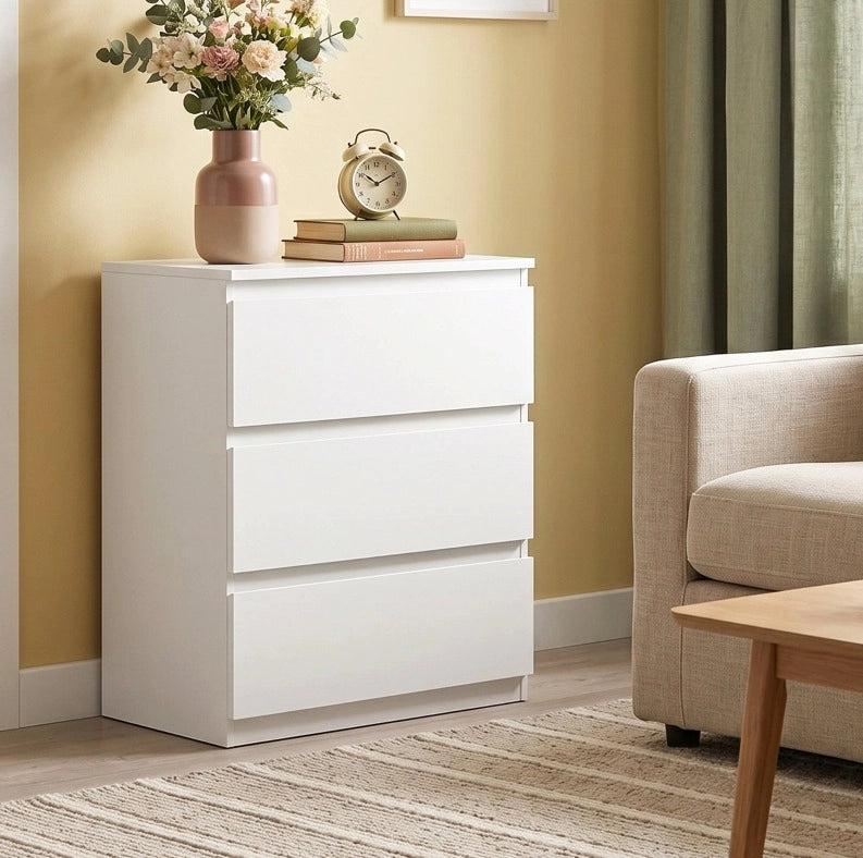 Comò bianco con 3 cassetti senza maniglie, mobile moderno per camera da letto 75x55x34 cm