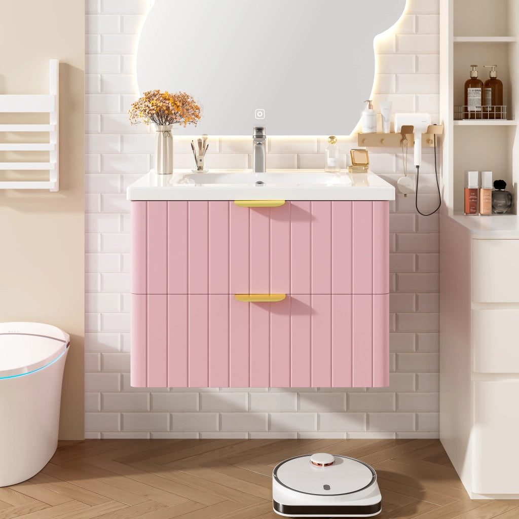 Mobiletto con lavabo in ceramica a due livelli in MDF rosa e bianco con maniglie in metallo 28.3 kg
