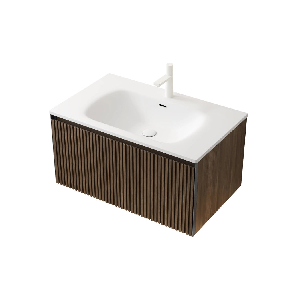 Mobile bagno sospeso con lavabo integrato in resina; cassetto soft-close; rovere marrone e bianco