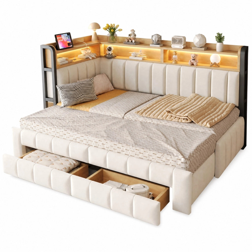 Divano letto 90x200 cm estraibile 180x200 cm con LED; USB e Type-C; cassetti; velluto beige