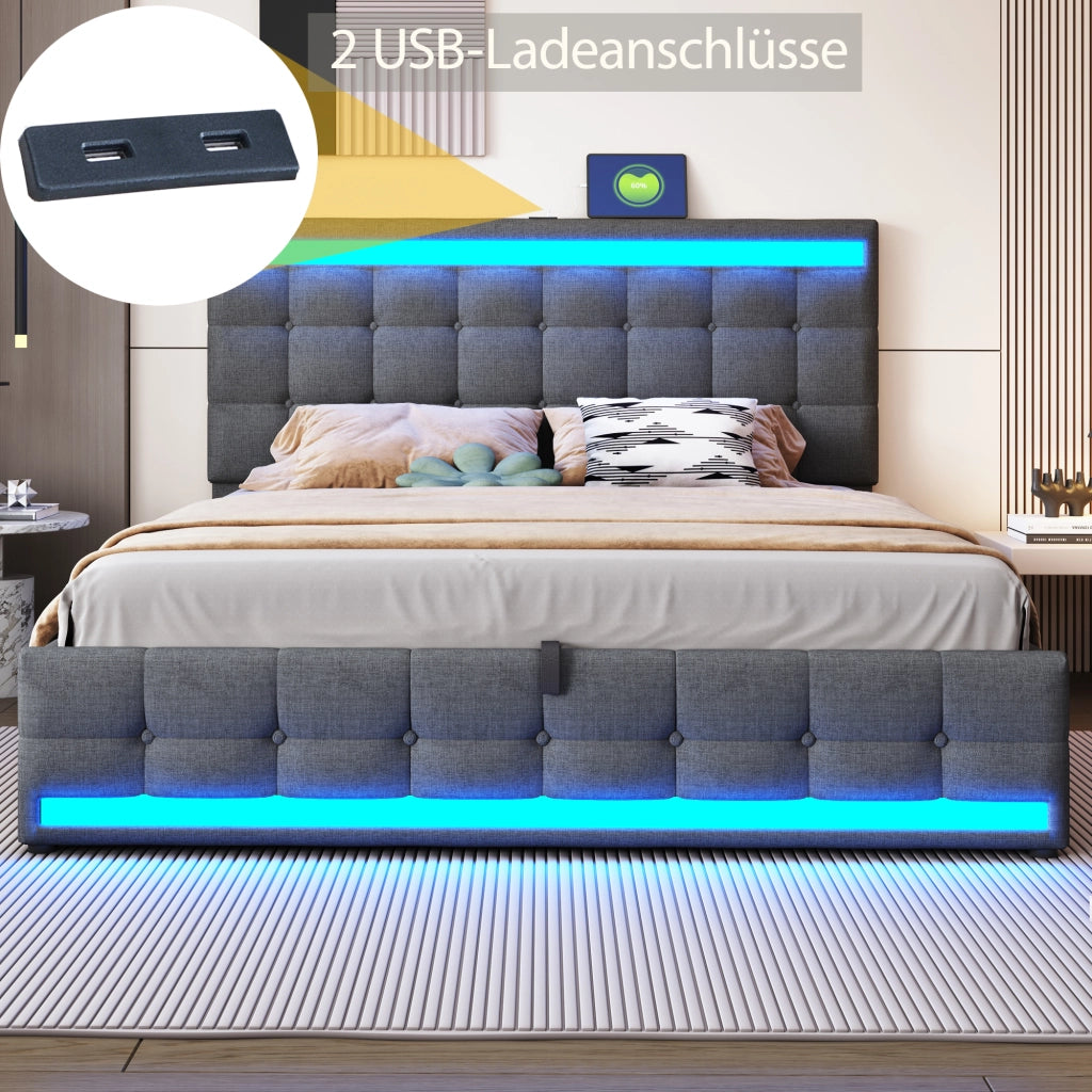Letto imbottito 180 x 200 cm con contenitore idraulico, porta USB e striscia LED a colori variabili, letto singolo in lino, Grigio