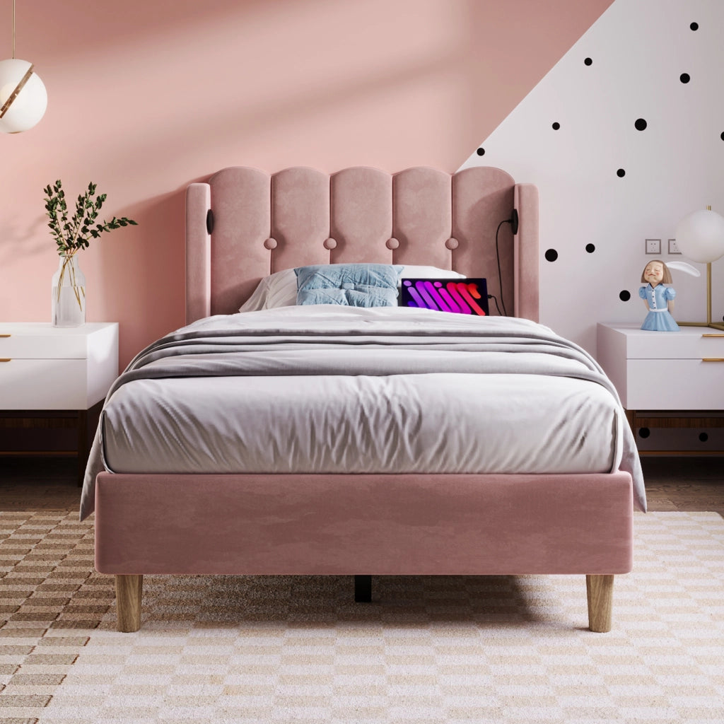 Letto Singolo Imbottito 90x200 cm con USB; USB-C; Rose
