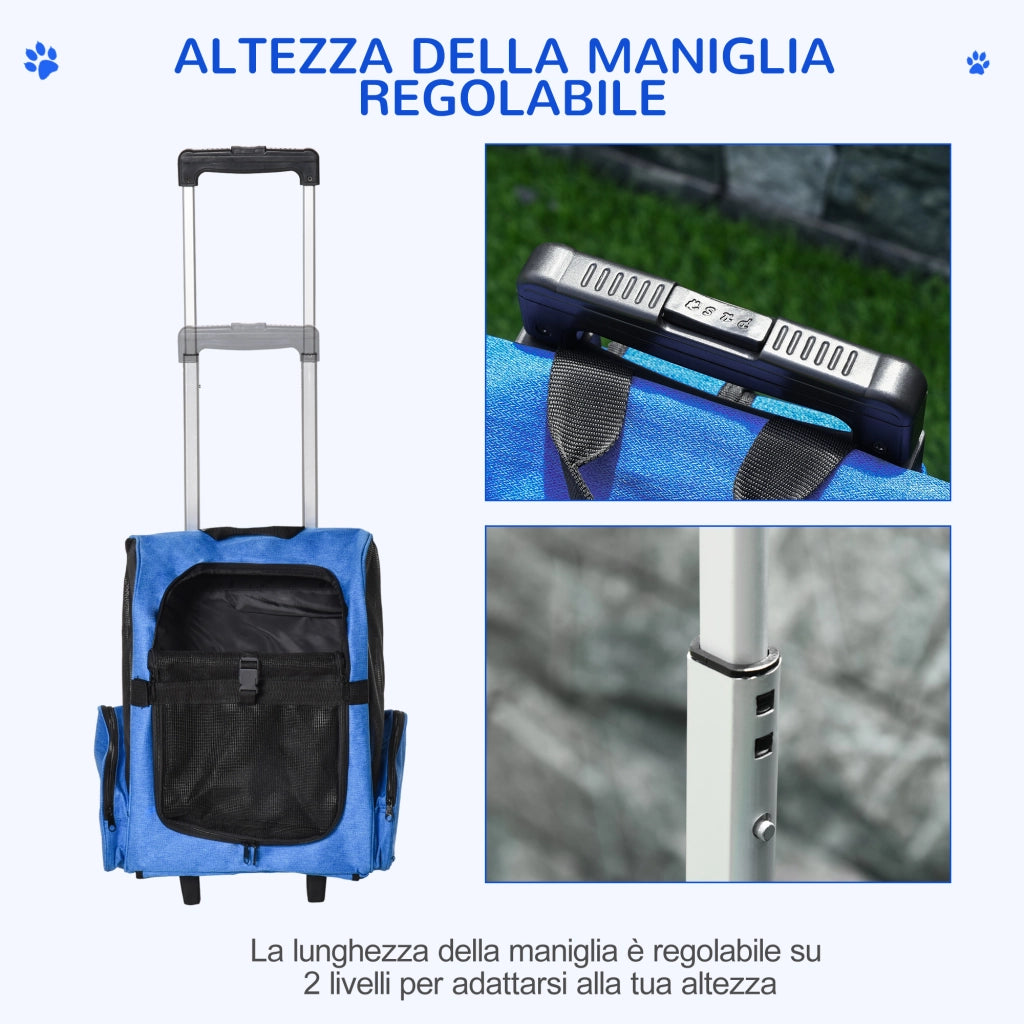 Trasportino Zaino 2 in 1 per Cani e Gatti, Blu, Tessuto Oxford Resistente, Maniglia Telescopica, Ruote e Tasche, 42x25x55cm, Pratico
