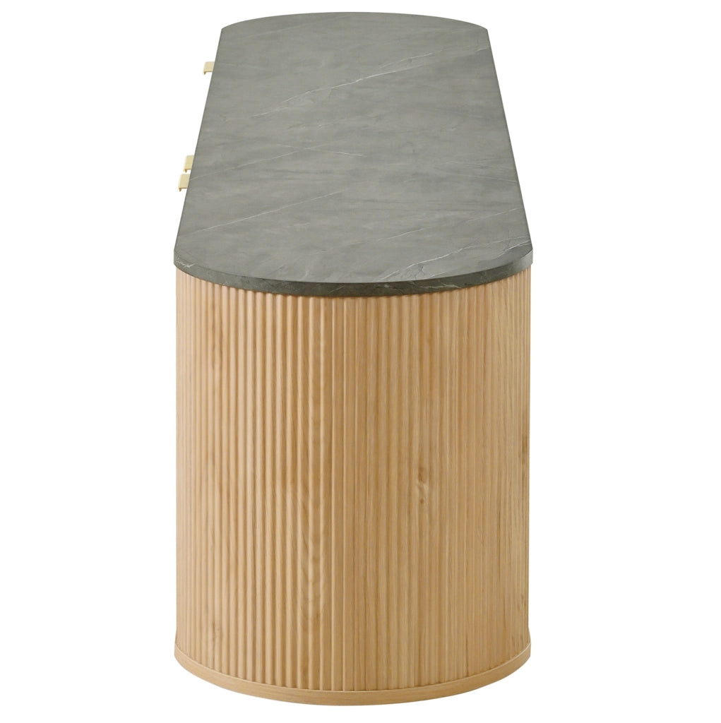 Mobile TV in MDF effetto legno naturale con ante 3D verticali e vetrina ovale in vetro grigio, 172x38x45,5 cm