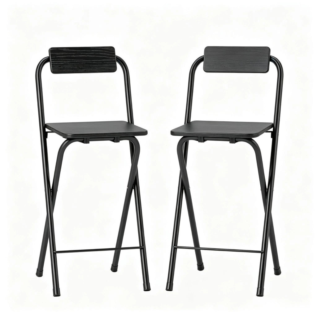 Sgabello da bar pieghevole 2 pezzi con schienale e poggiapiedi in acciaio e MDF nero per tavoli 89–99 cm