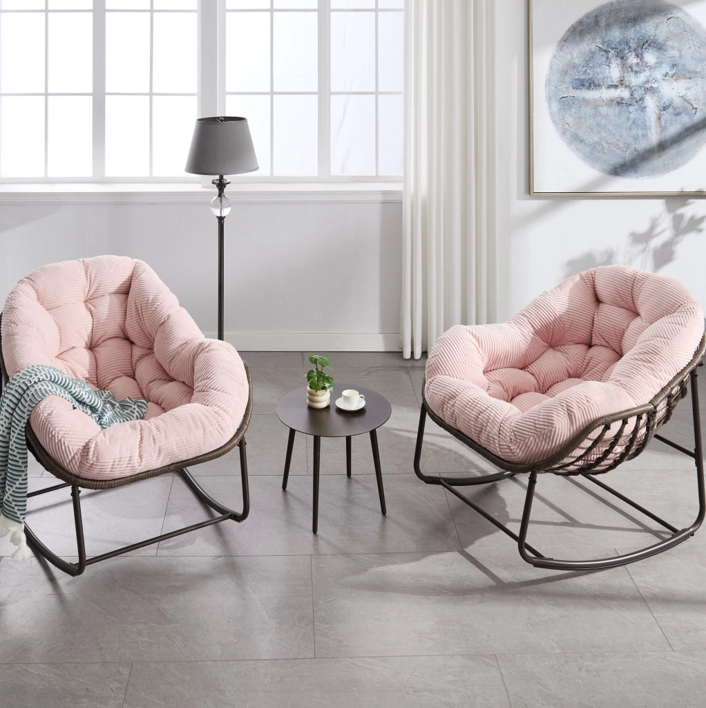 Sedia a Dondolo da Esterno in Rattan Sintetico con Cuscino Imbottito, 78x106x90 cm, Rosa