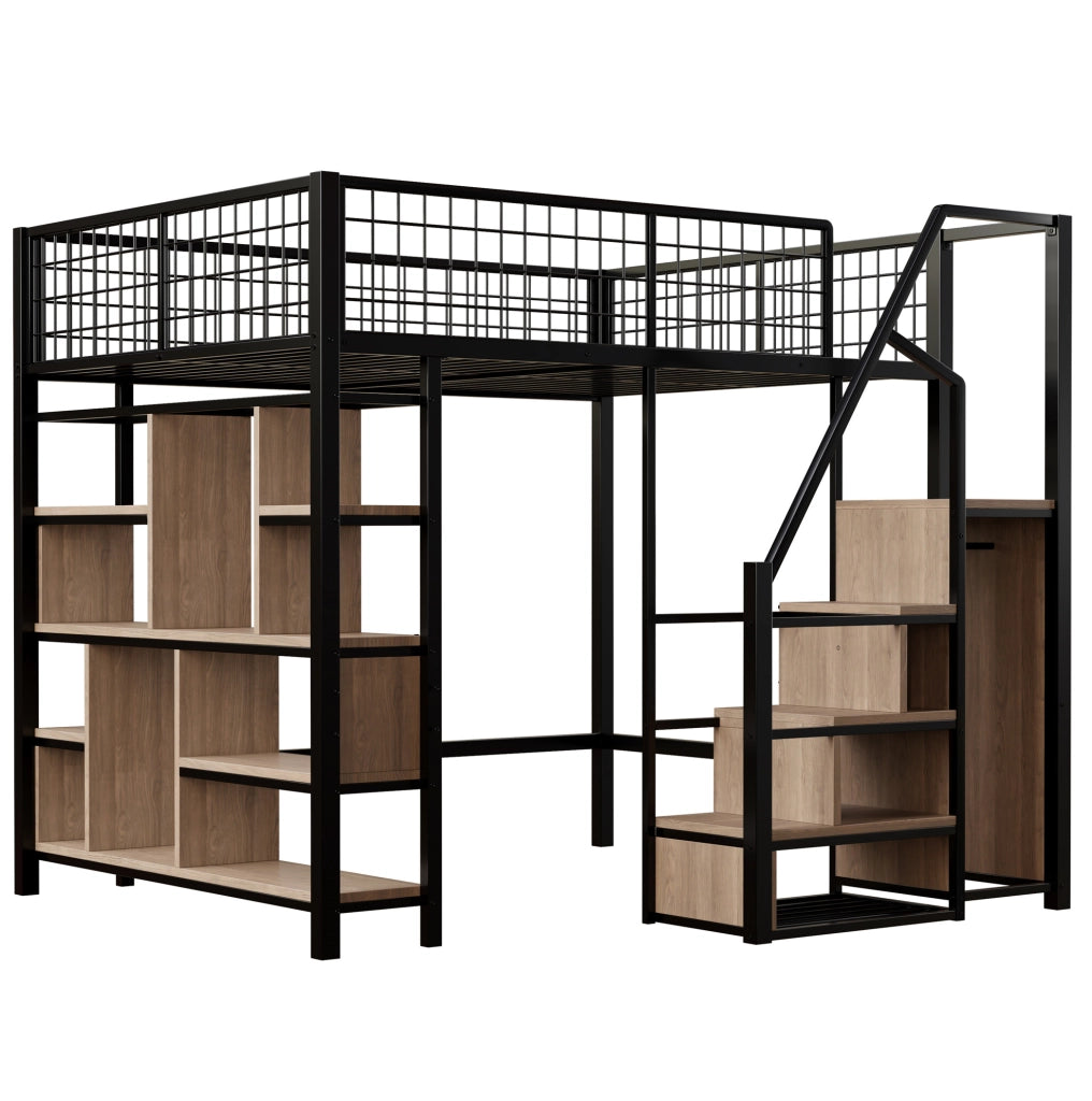 Letto a soppalco 140x200 cm con scala contenitore, in metallo, compensato e MDF nero