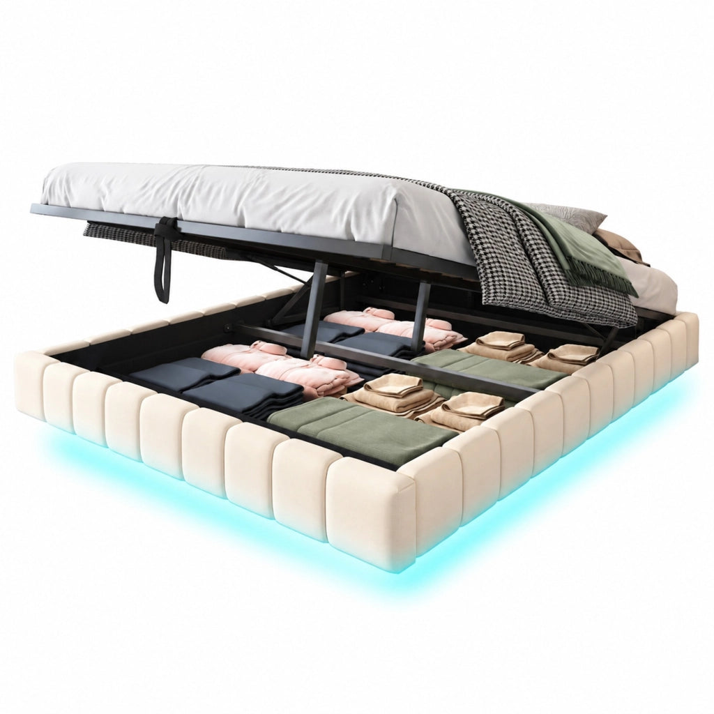 Letto imbottito sospeso 160x200 cm con contenitore, LED e struttura in metallo, Beige