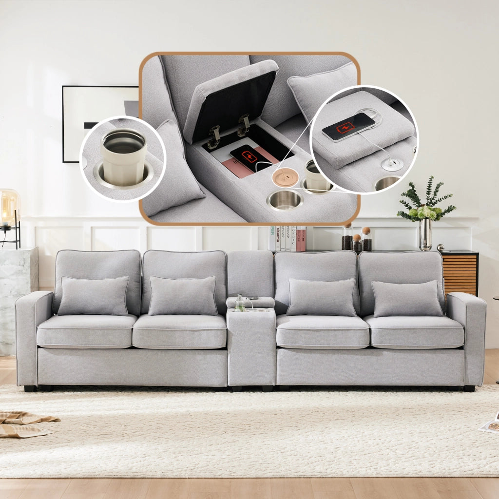 Divano 4 posti 290x83x88 cm con console, porta USB e portabicchieri in tessuto grigio effetto lino