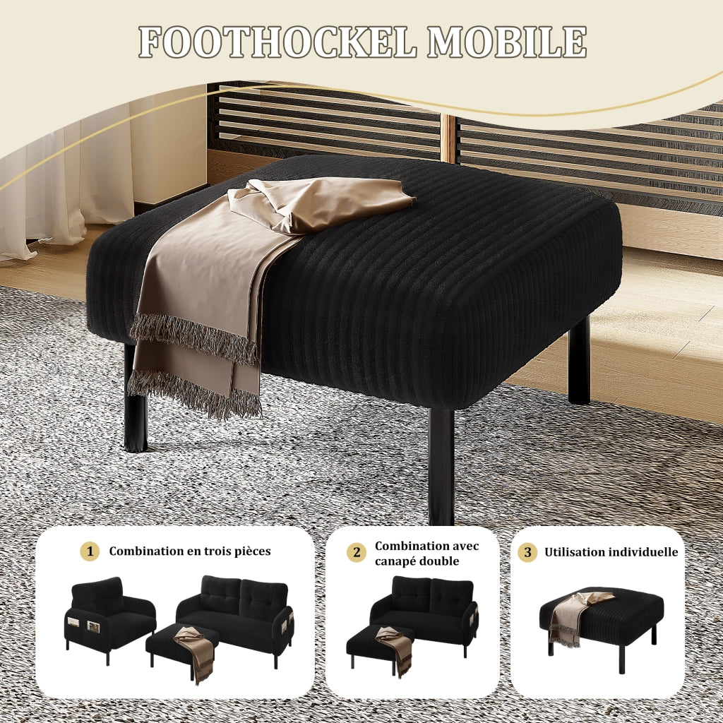 Divano 2 posti 120x75x79 cm con tasca laterale; schienale ergonomico e piedi in metallo; velluto a coste nero