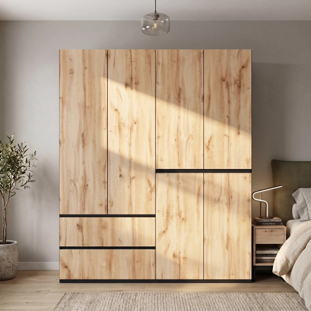 Armadio 6 ante con 5 cassetti e 2 barre appendiabiti mobile contenitore per camera da letto in MDF e pannello truciolare rovere
