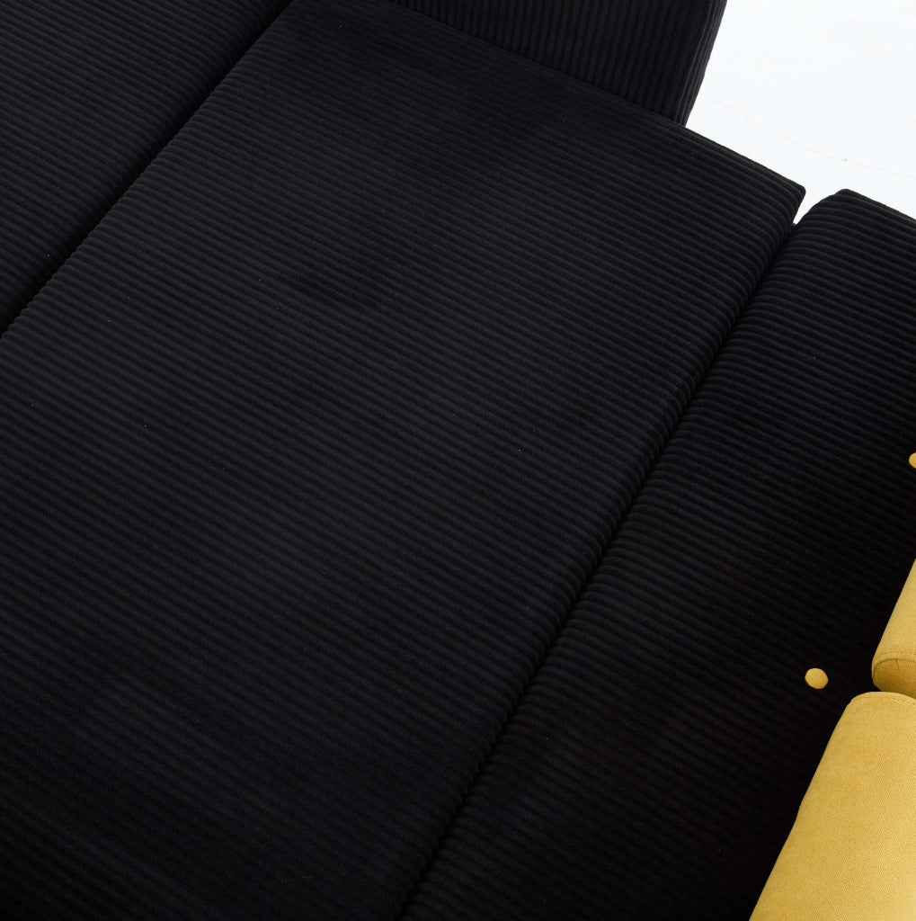 Divano Loveseat nero in velluto con struttura in metallo, schienale regolabile e cuscini cilindrici