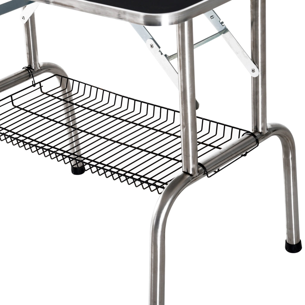 Tavolo da toelettatura per cani con braccio regolabile e cestello in acciaio inox nero 90 × 60 × 75 cm