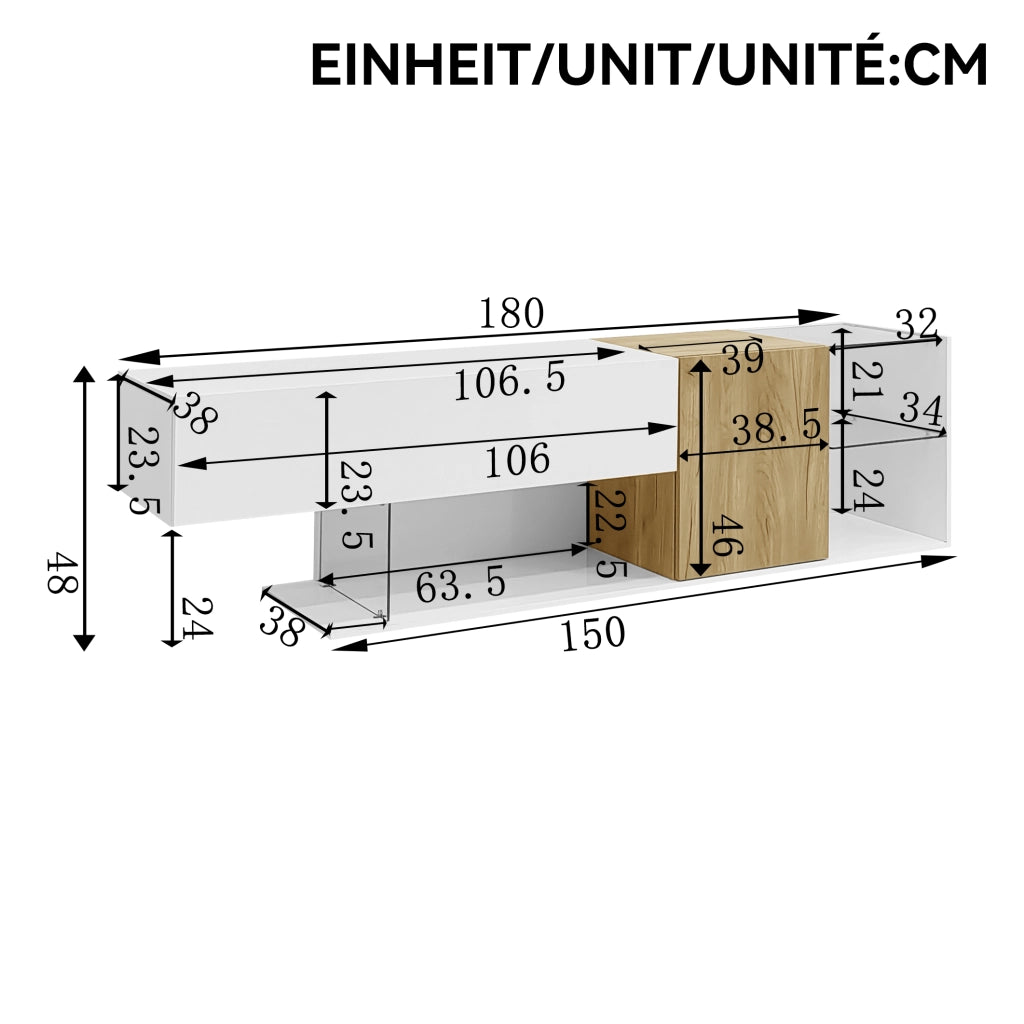 Mobile TV con 2 ante e ripiani in vetro; pannello truciolare bianco effetto legno 180 × 38 × 48 cm