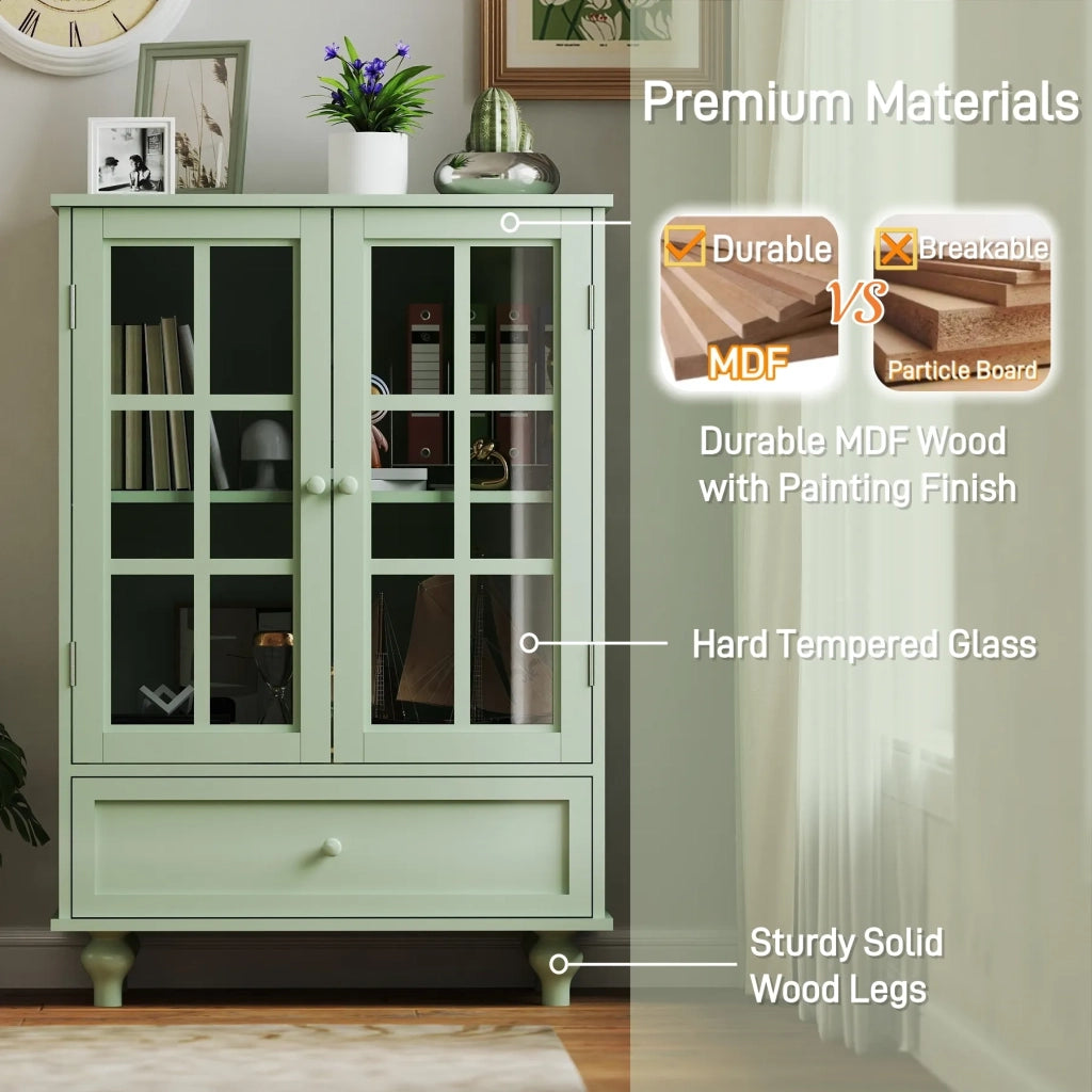 Mobile Buffet Minimalista Verde Menta con 2 Ante in Vetro e Cassetti, Credenza in Legno Moderna per Soggiorno, Sala da Pranzo, Ingresso