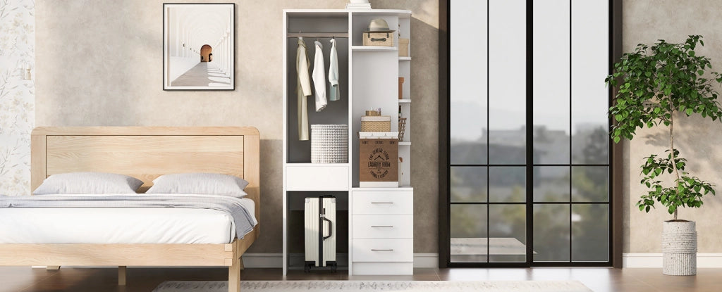 Armadio bianco 70x55x175 cm con ripiani multipiano e appendiabiti ampio