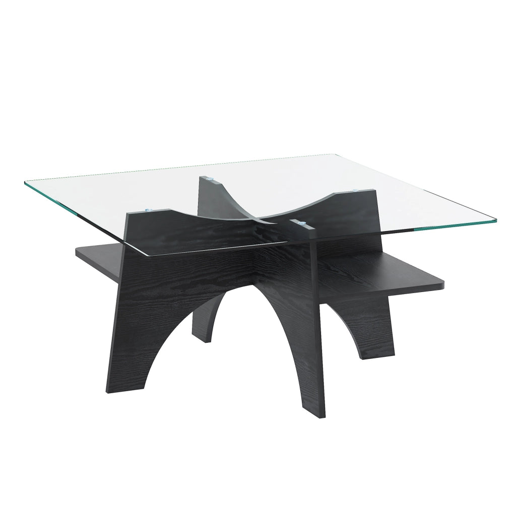 Tavolino quadrato moderno in vetro temperato con struttura in MDF effetto legno nero 80x40 cm