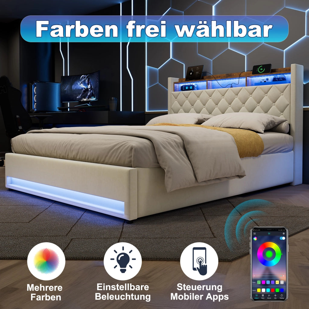 Letto contenitore imbottito 160x200 cm con luce LED; presa elettrica e porta USB; velluto; beige; senza materasso