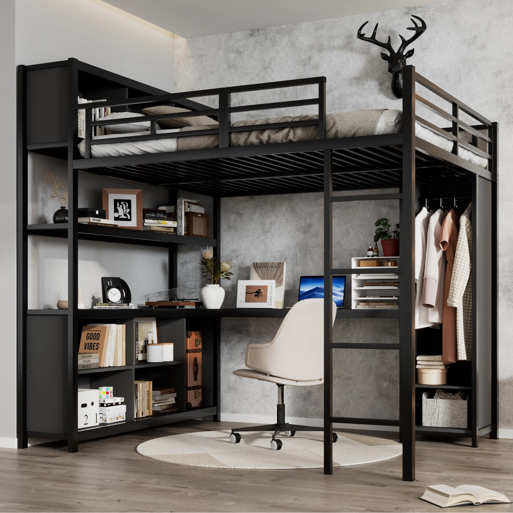 Letto a soppalco 140x200 cm nero in ferro e truciolare con scrivania; armadio e vani portaoggetti