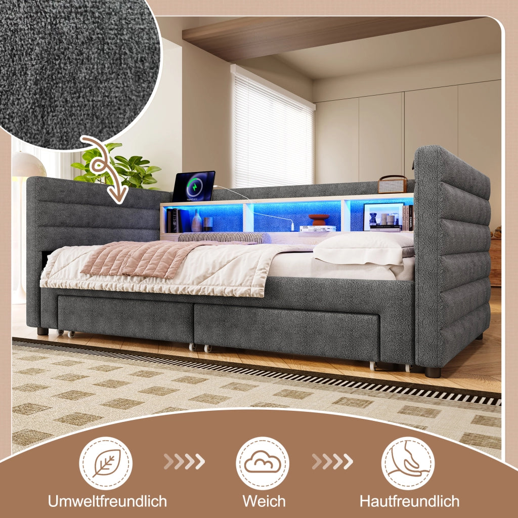 Letto divano singolo 90 × 190 cm estraibile; 2 cassetti; LED; USB e Type-C; senza materasso; in velluto grigio