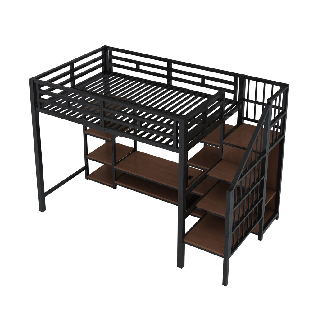 Letto a soppalco 90x200 cm con supporto TV, presa e scala in metallo nero