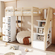 Letto a soppalco 90x200 cm con cassetti contenitore in legno massello naturale
