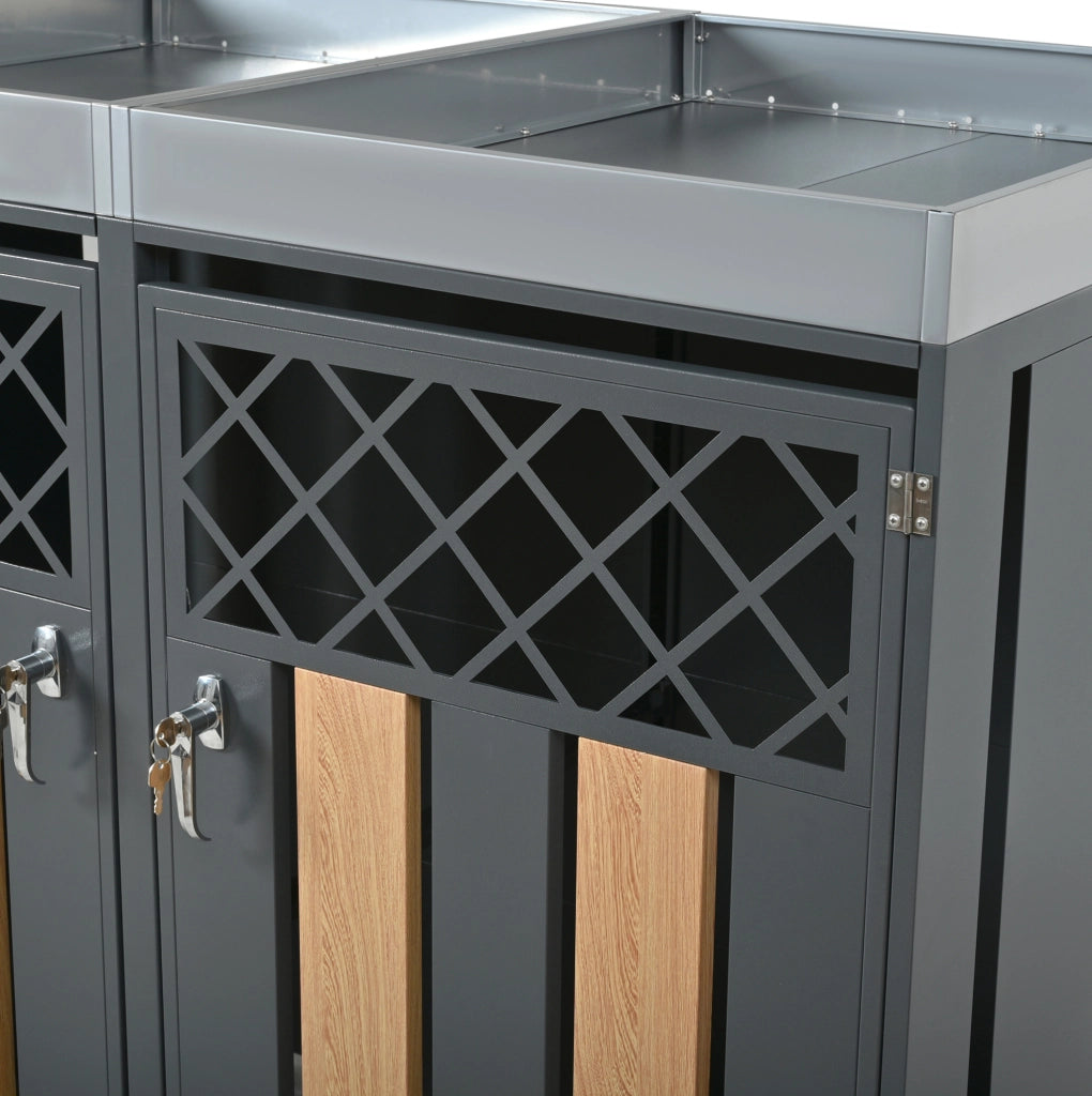 Armadio per bidoni raccolta differenziata con fioriera integrata, struttura in acciaio zincato, design con ventilazione a rombi e finitura effetto legno, chiudibile a chiave