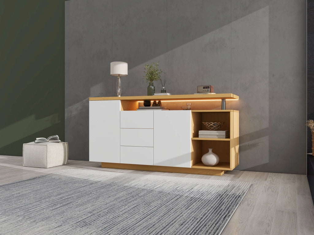 Credenza e madia LED con 2 ante, 3 cassetti e 2 nicchie in truciolare bianco e rovere chiaro, 140 × 40 × 70 cm