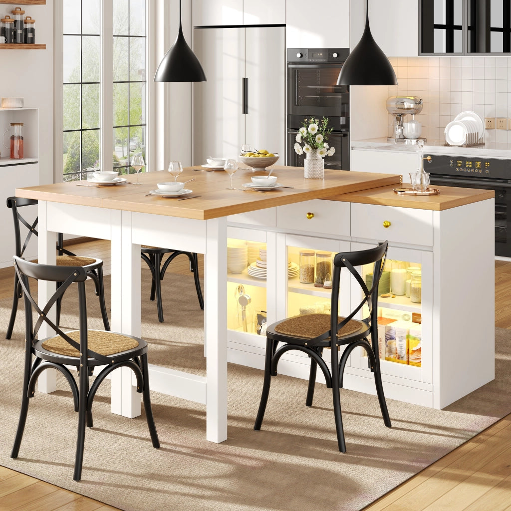 Isola da cucina allungabile con LED RGB; 3 cassetti e ante in vetro; piano in MDF bianco 120-200 × 40 × 75.5 cm