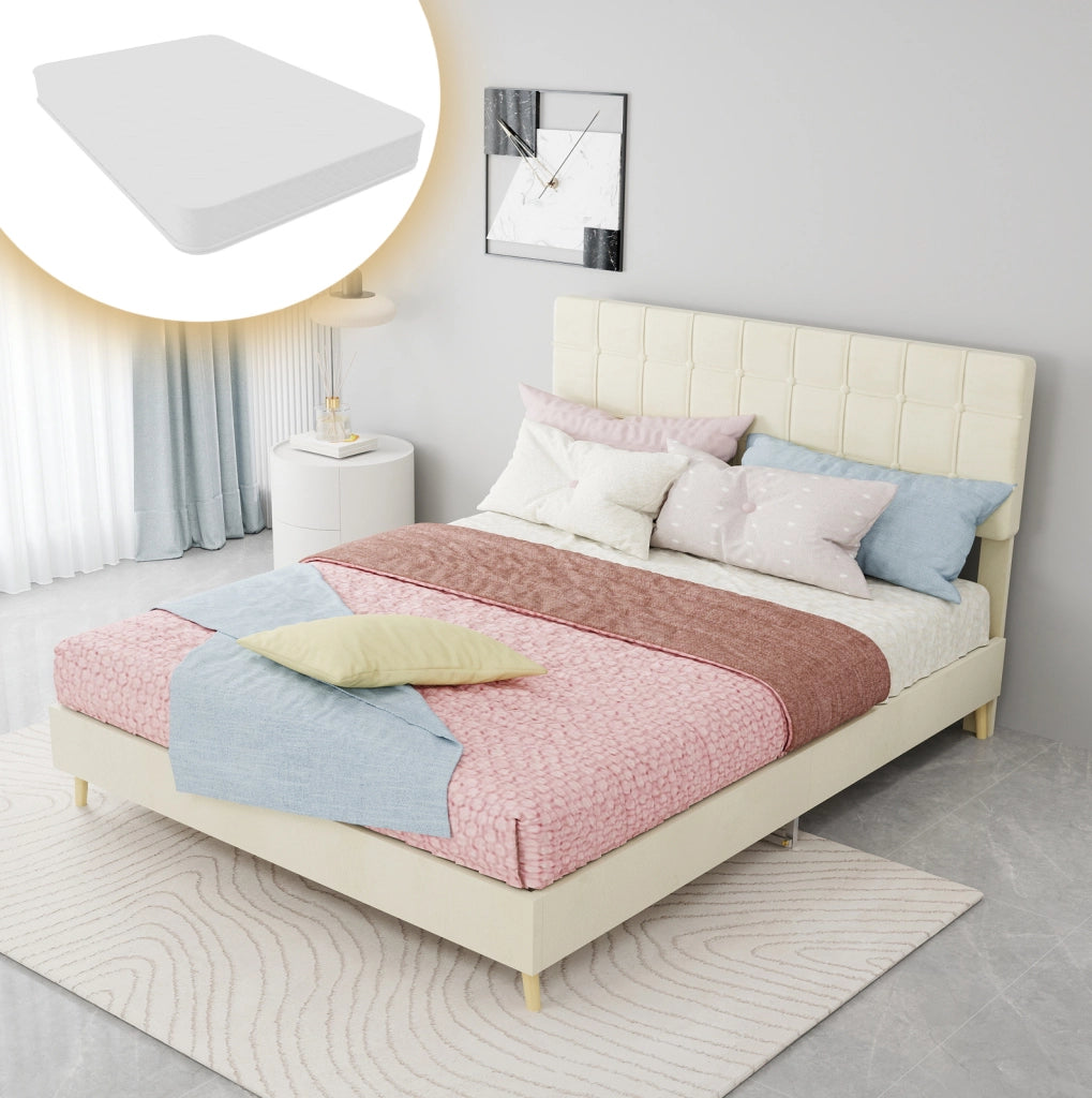 Letto matrimoniale 140 x 200 cm in tessuto beige con testiera imbottita a quadri