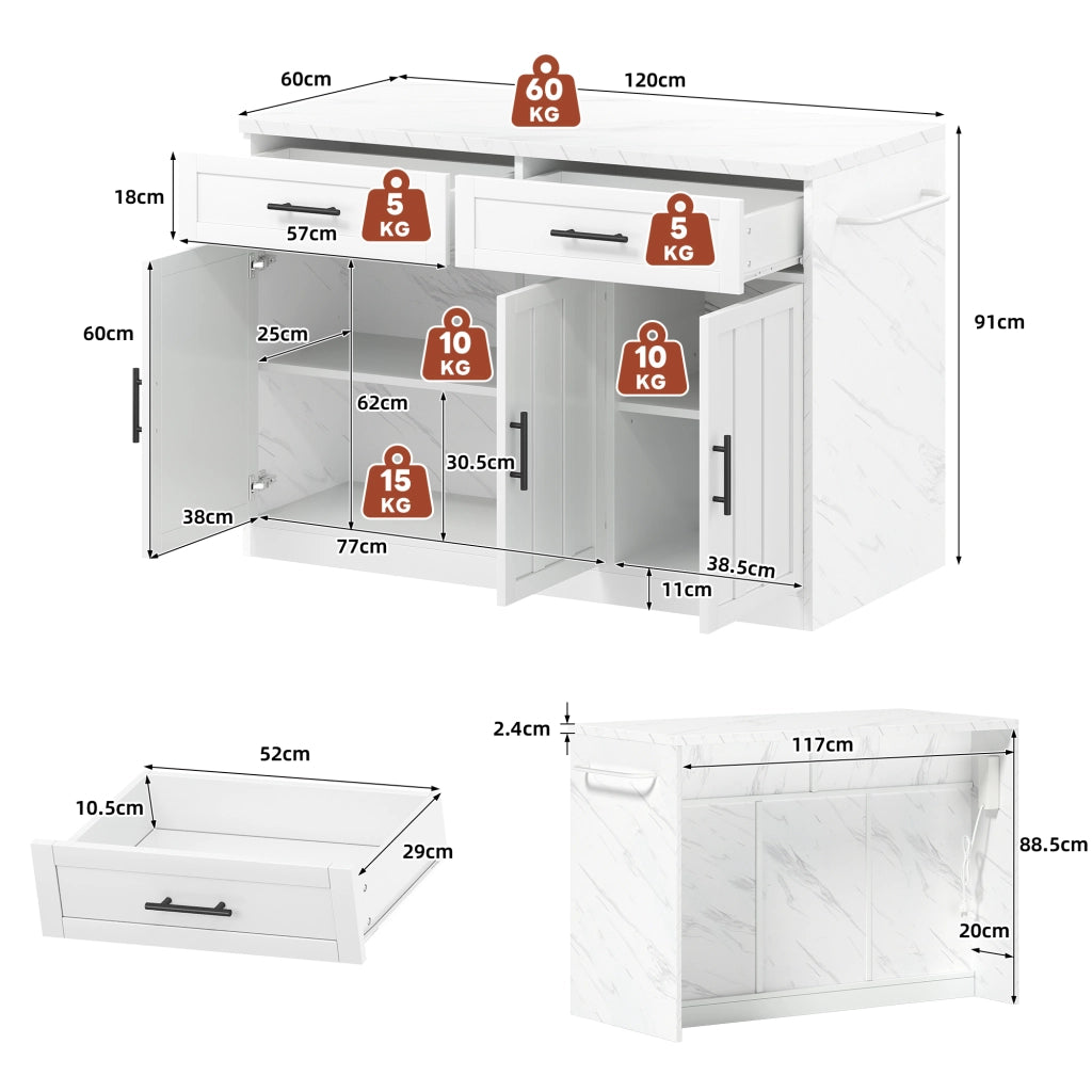 Mobile base da cucina con bancone; prese e USB; 2 cassetti; 3 ante con ripiani regolabili bianco 120 × 60 × 91 cm