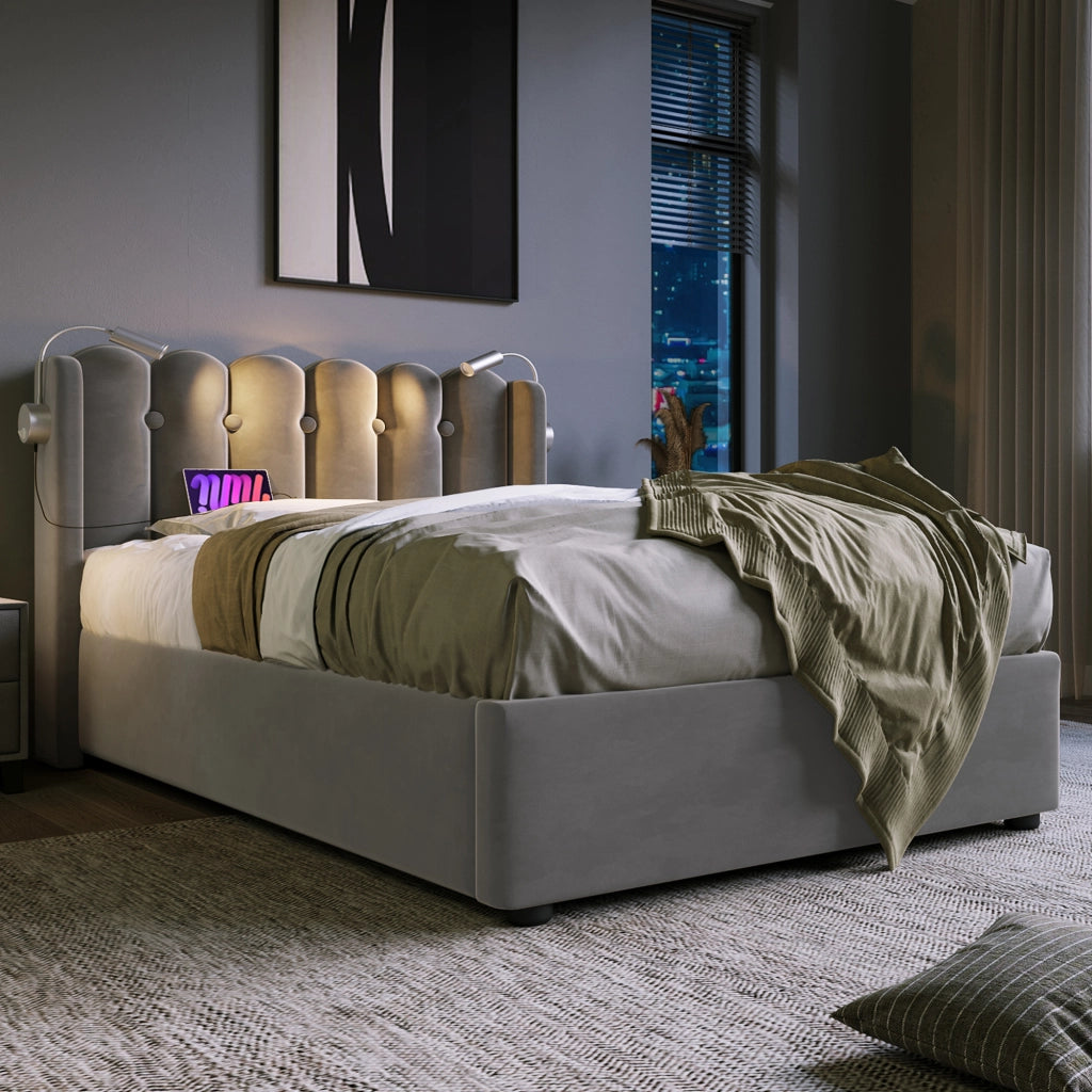 Letto singolo contenitore 90 × 200 cm in velluto grigio con luce da lettura USB rete a doghe e testiera