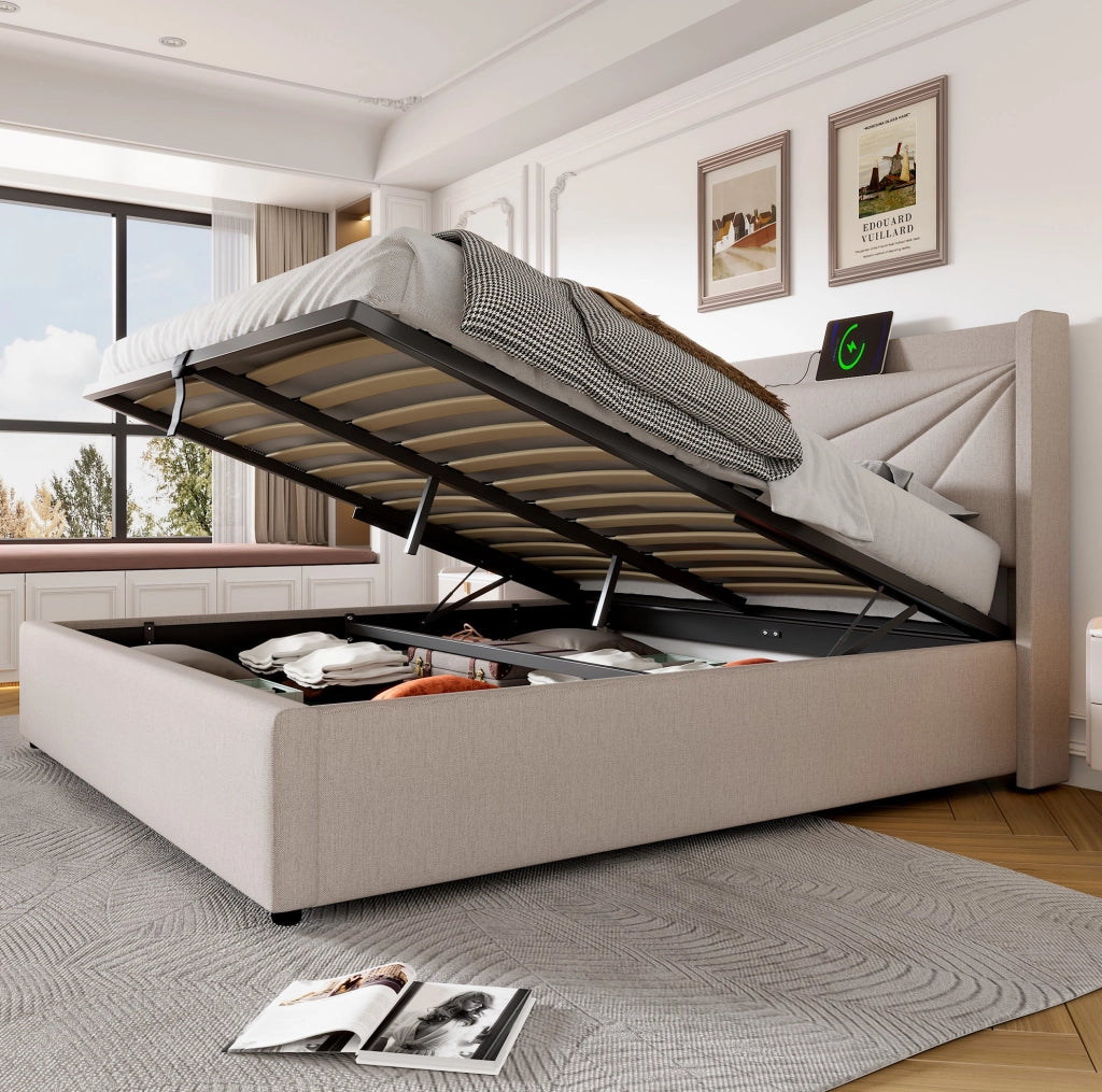 Letto matrimoniale 180x200 cm in lino beige con contenitore integrato